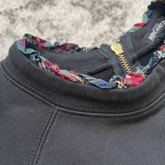 J Crew Black Sweatshirt Tartan Plaid Ruffle Trim Medium Preppy Casual Holiday - Picture 3 of 7